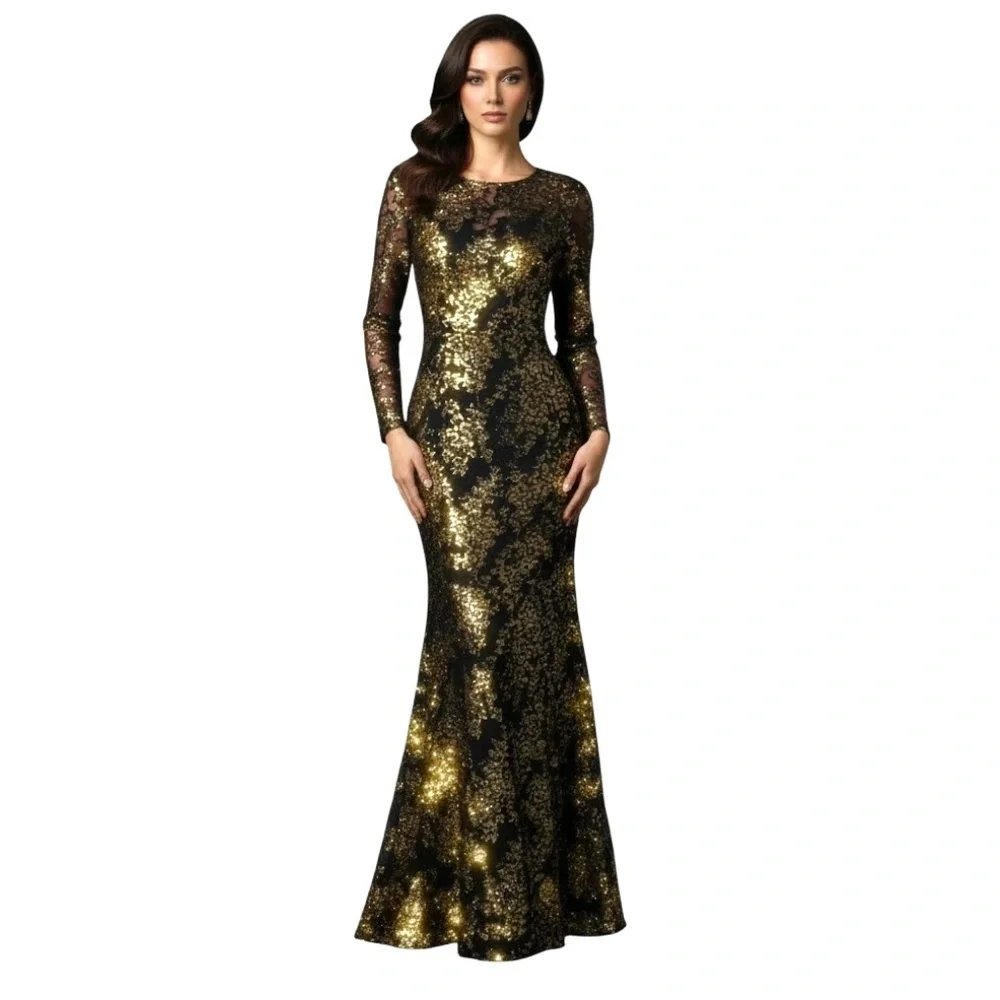 Adrianna Papell Women's Foiled Velvet Burnout Gown black gold elegant formal 4 - Picture 1 of 6